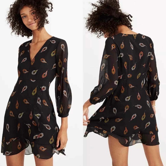 Madewell Long-Sleeve Poppy Dress in Peacock Feather Print - Picture 1 of 7